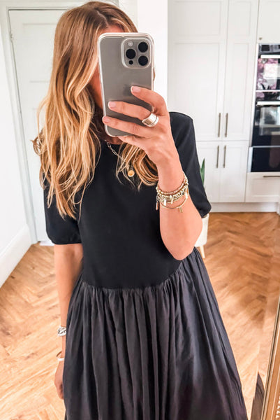 Black Short Sleeve Knit Top Patchwork Maxi Dress