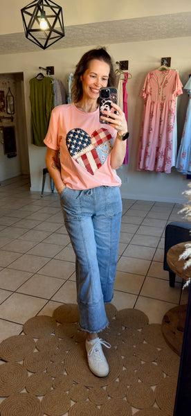 Pink Tee with Americana Patchwork Heart Graphic - Patriotic - 4th of July - Memorial Day - Veteran's Day - USA