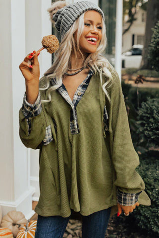 Olive Green Waffle Knit with Plaid Detailing Hooded Pullover with Pockets