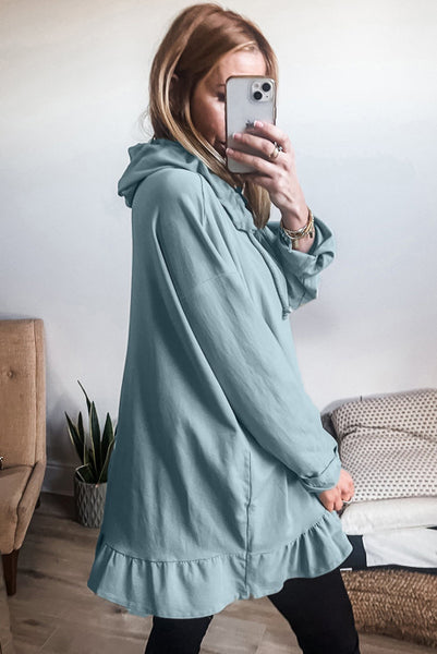 Light Blue Blue Ruffle Hem Hoodie Tunic