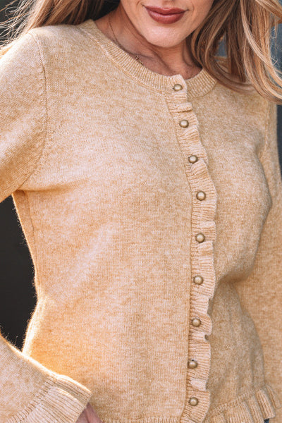 French Beige Ruffle Trim Cardigan with Gold Button Detailing