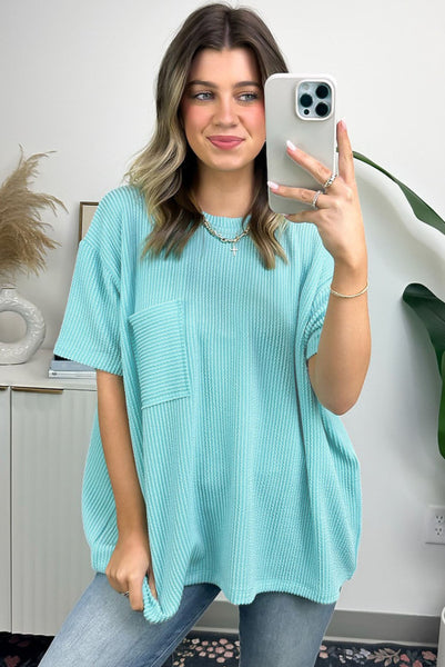 Turquoise Blue Oversized Corded Short Sleeve Top