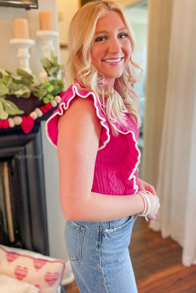 Pink Mock Neck Ruffled Sweater Knit Top