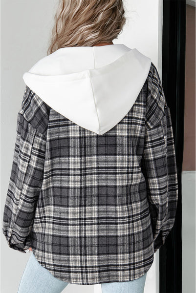 Black and White Plaid Hooded Shacket