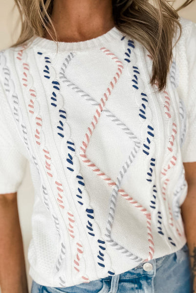 White Sweater Knit Puff Sleeve Top with Multicolor Contrast Stitching