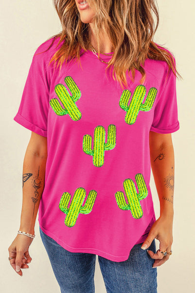Rose Pink Tee with Neon Chenille and Sequin Cactus Appliqués