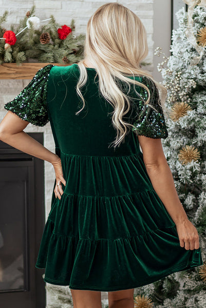 Evergreen Velvet Tiered Flowy Skirt with Sequined Puff Sleeves