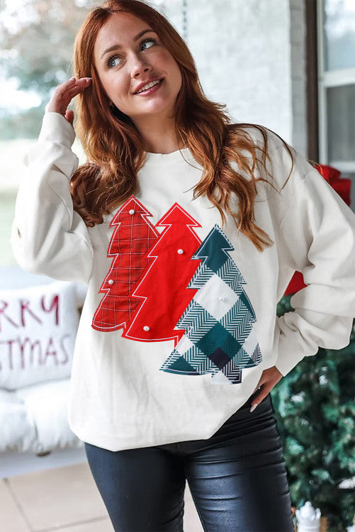 White Plaid Christmas Tree Patchwork with Pearl Details Sweatshirt Pullover