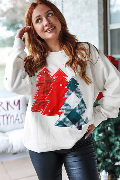 White Plaid Christmas Tree Patchwork with Pearl Details Sweatshirt Pullover