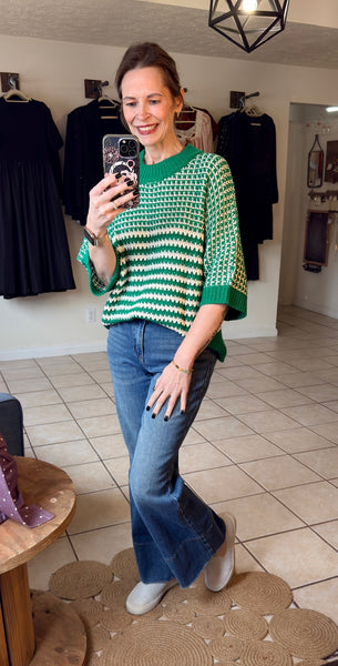 Green Striped Colorblock 3/4 Draped Sleeve Relaxed Sweater