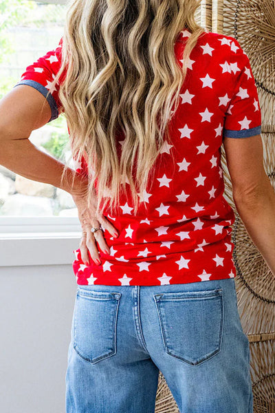 Red Short Sleeve Top with White Stars and Blue Contrast Trim