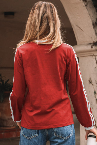 Red Long Sleeve Top with White Contrasting Varsity Stripes