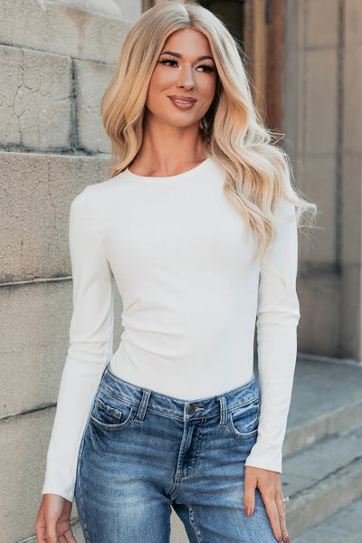 White Ribbed Fitted Long Sleeve Bodysuit