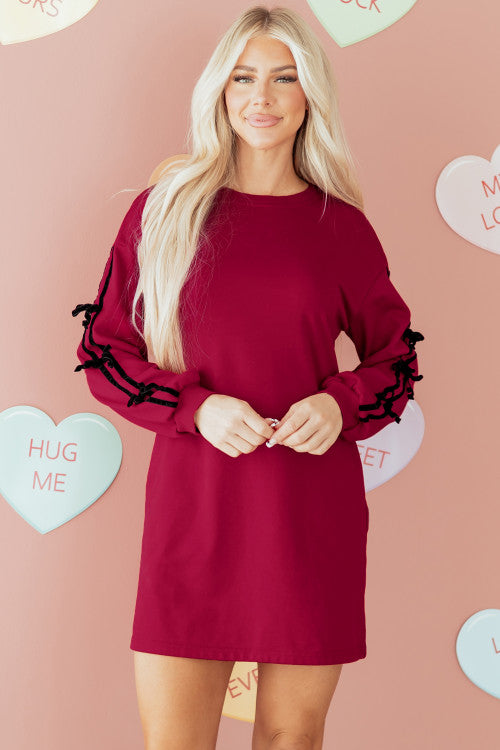 Holiday Red Sweatshirt Dress with Velvet Bow Sleeve Details