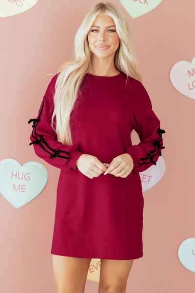 Holiday Red Sweatshirt Dress with Velvet Bow Sleeve Details