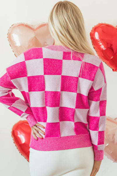 Pink Checkered Button Up Shorter Length Cardigan - Valentines Day