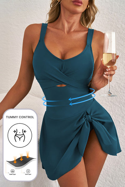 Sea Green Cutout Knot Slit Tummy Control Swim Suit