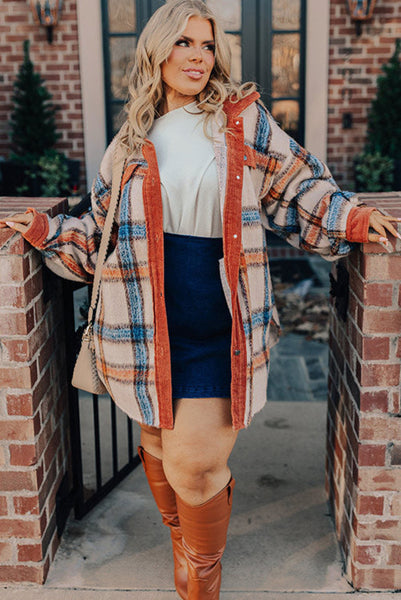 Curvy Orange and Blue Plaid Cozy Button Up Shacket