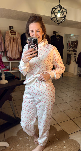 Pink Ditsy Floral Hooded Pullover with Kangaroo Pocket with Coordinating Jogger Sweatpants Set