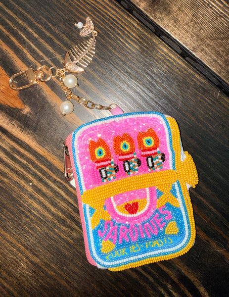 Sardines Seed Bead Coin Purse with Zip Closure and Bag Charms