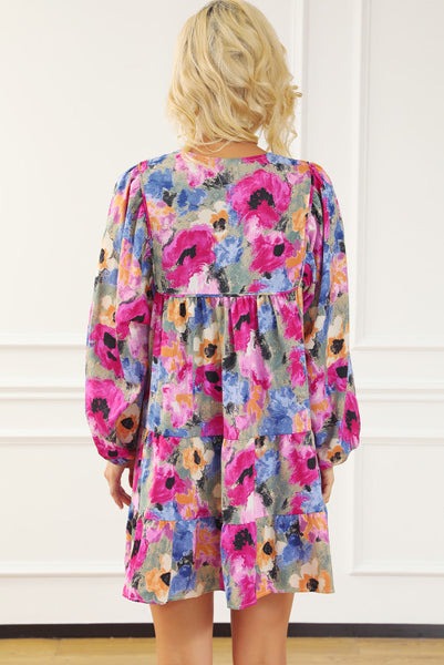 Watercolor Floral Drop Waist Dress with Smocked Neckline