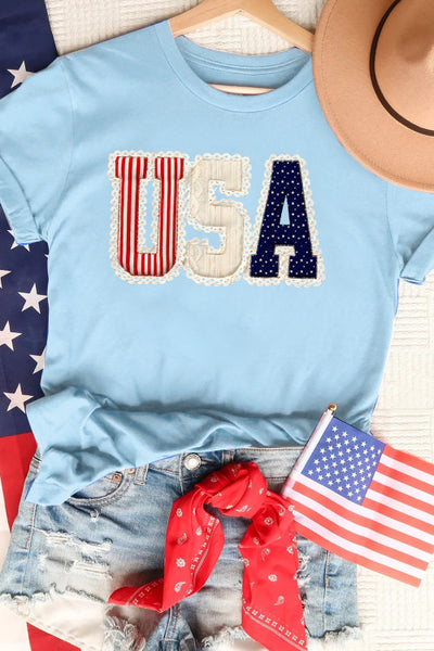 Light Blue Mixed Pattern Lacey Vintage Print Graphic Tee - Patriotic - 4th of July - Memorial Day - Veteran's Day - USA