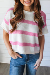 Lightweight Pink and White Wide Striped Sweater with Rolled Edging