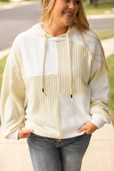 Curvy Ivory and Cream Patchwork Mixed Textures Hoodie