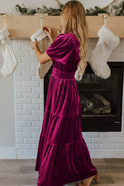 Deep Rose Pink V-neck Velvet Maxi Dress with Smocked Waist