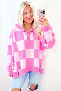 Pink Large Checkerboard Collared Half Button Sweater with Side Slits