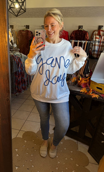 White with Blue Tinsel Lettering Game Day Sweatshirt - Sports Mom - Basketball - Baseball - Football - Sports