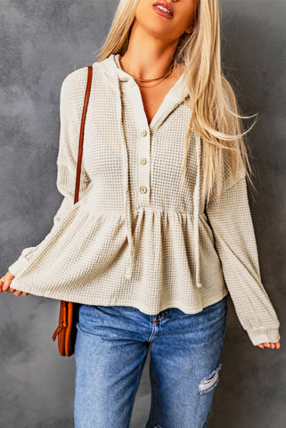 Beige Hooded Waffle Knit Ruffle Babydoll Pullover