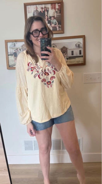 Paisley Floral Embroidered Boho Long Sleeve Top with Notch V-Neck