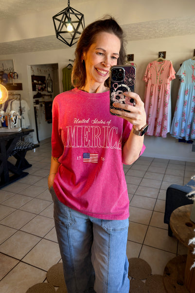 Rose Pink Mineral Wash Relaxed United States of America Tee - Patriotic - 4th of July - Memorial Day - Veteran's Day - USA