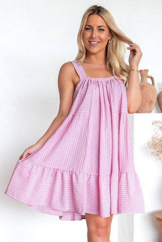 Pink Striped Sleeveless Tiered Ruffle Dress