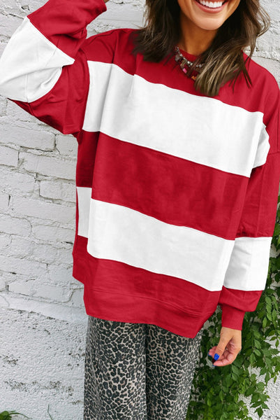 Red Colorblocked Drop Shoulder Sweatshirt Pullover - Striped