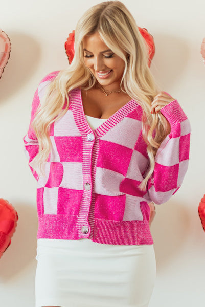 Pink Checkered Button Up Shorter Length Cardigan - Valentines Day