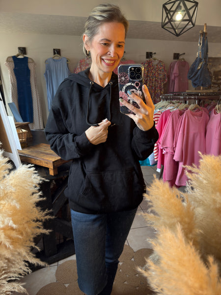 Black Fleece Lined Drawstring Hoodie with Kangaroo Pocket