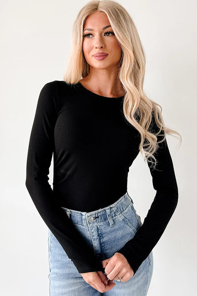 Black Ribbed Fitted Long Sleeve Bodysuit