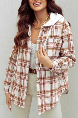 Sherpa Lined Rust and Brown Plaid Jacket with Hood and Functional Drawstring