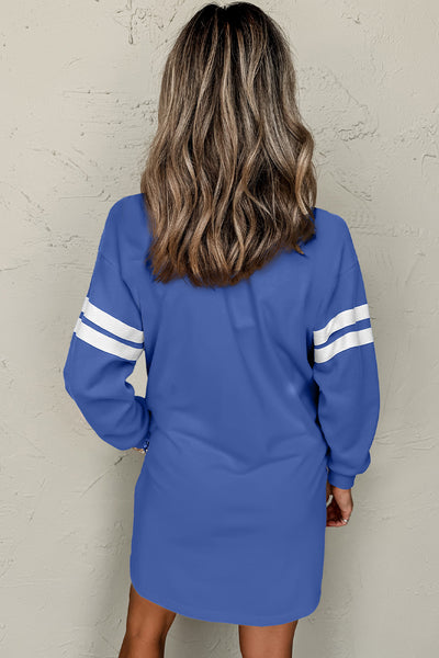 Royal Blue Shift Sweatshirt Dress with Sleeve Contrasting Varsity Stripes and Pockets