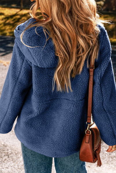 Navy Blue Zip Up Sherpa Hooded Jacket - Fully Lined