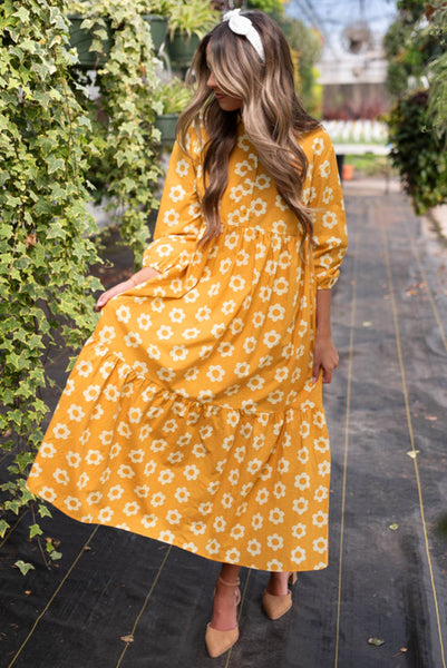 Yellow Floral Boho 3/4 Length Sleeve Dress