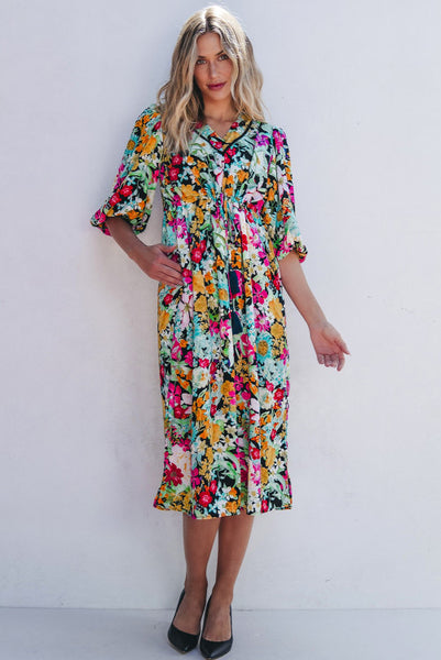 Colorful Floral Cinch Waist Midi Dress