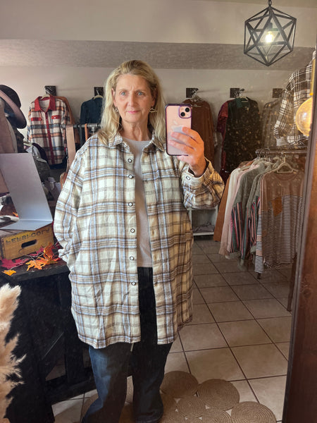 Curvy Cream and Blue Plaid Longer Length Shacket