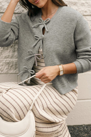 Gray Button Up Sweater Cardigan with Bow Details