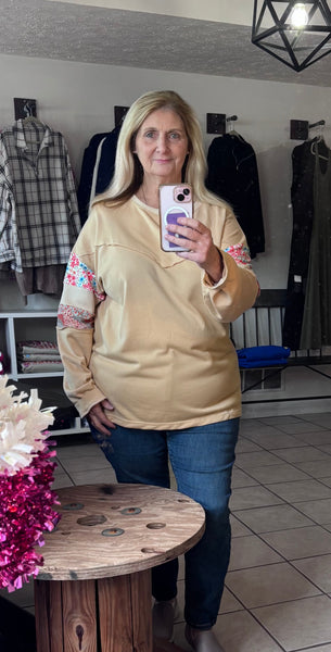 Curvy Khaki Long Sleeve Top with Patchwork Sleeves