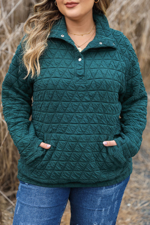 Curvy Dark Green Quilted Pullover with Pockets and Button Up Neckline