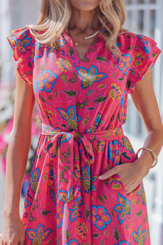 Rose Pink Floral Ruffle Sleeve Belted Midi Dress