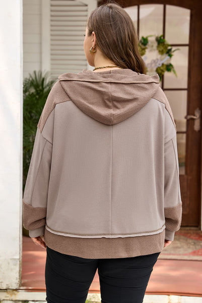 Curvy Brown Tone on Tone Mixed Material Hooded Pullover